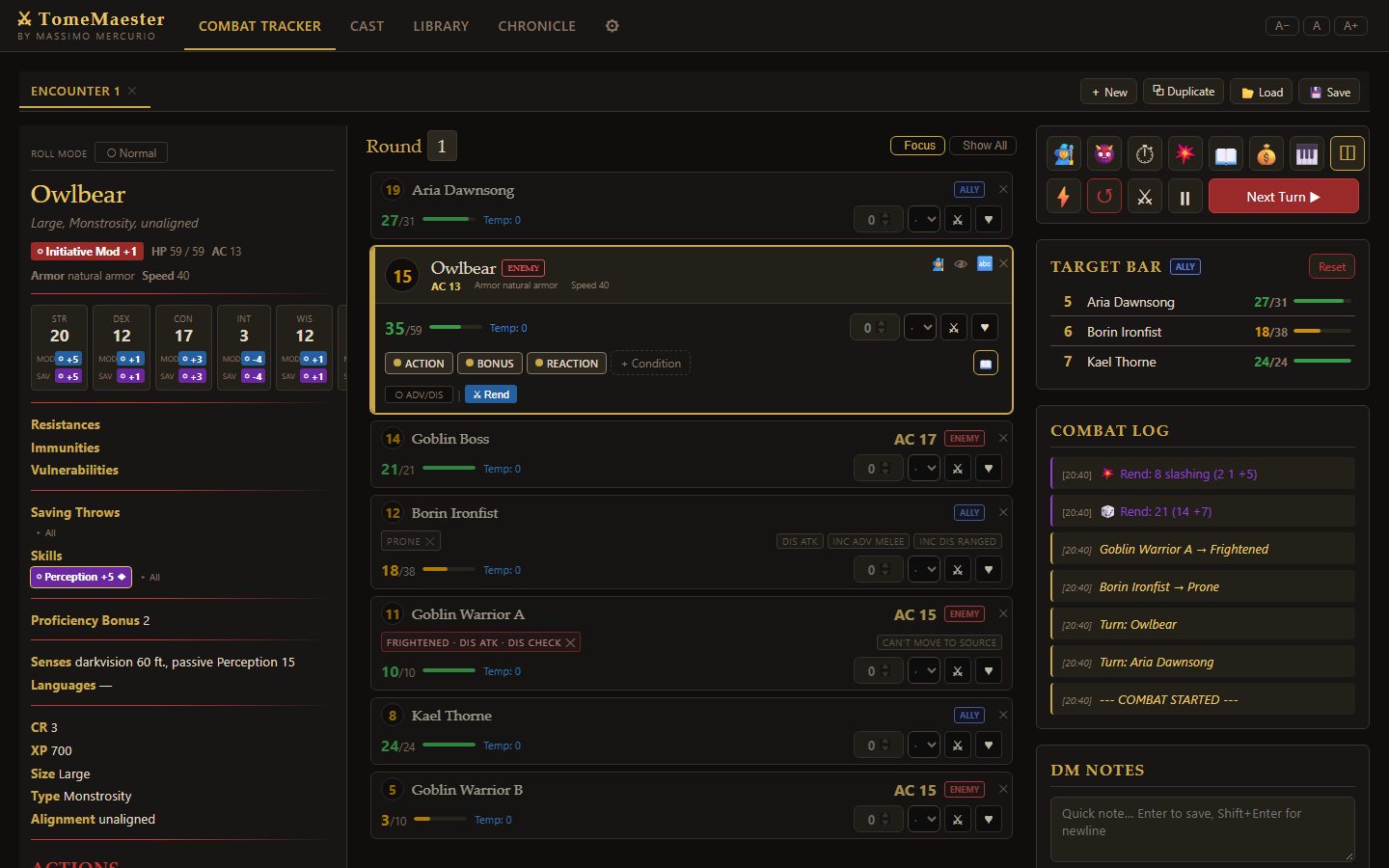 A monster's stat block open next to the tracker, with clickable attacks and saves