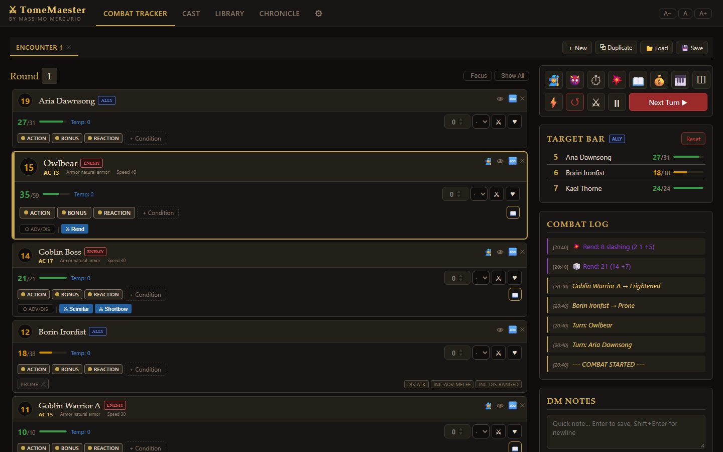 The combat tracker during a fight: initiative order, hit points, conditions and the combat log